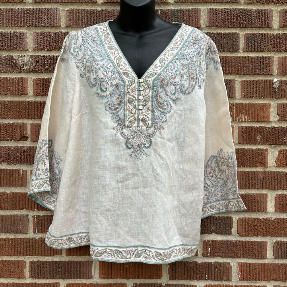 J Jill Love Linen Top Women's Cream Blue Paisley Popover Henley 3/4 Sleeve Sz L